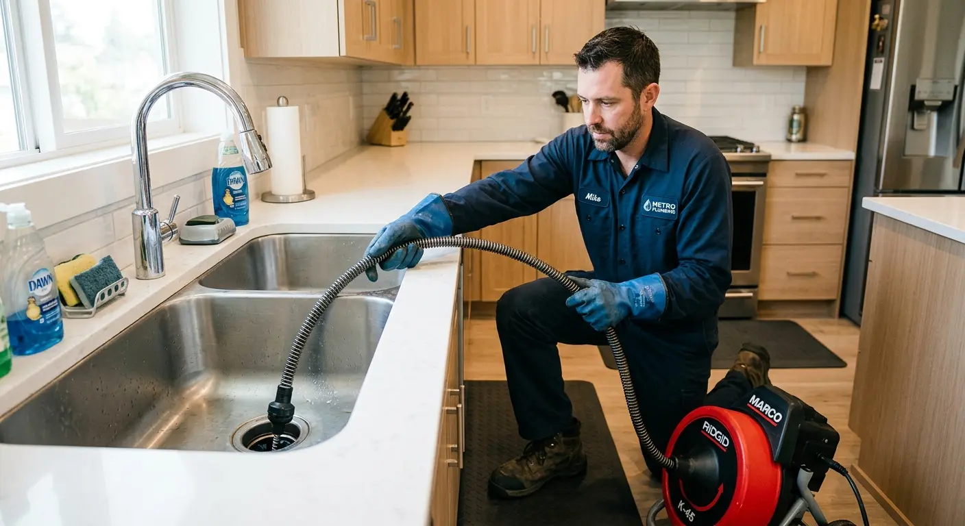 Drain cleaning technician using a motorized snake on a kitchen sink in Coeur d'Alene