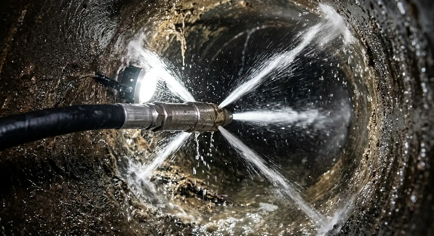 High-pressure hydro jetting nozzle cleaning sewer pipe for Emergency Drain Service in Coeur d'Alene