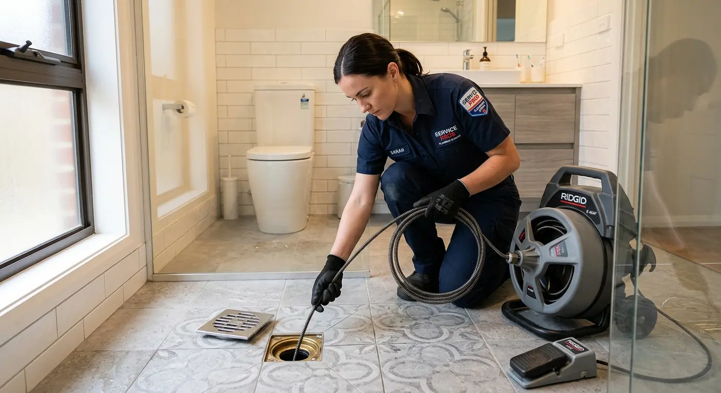 Technician clearing a bathroom floor drain for Drain Repair in Coeur d'Alene